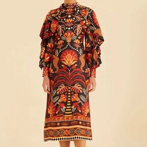 Farm Rio Red Nature Beauty Scarf Backless Midi Dress